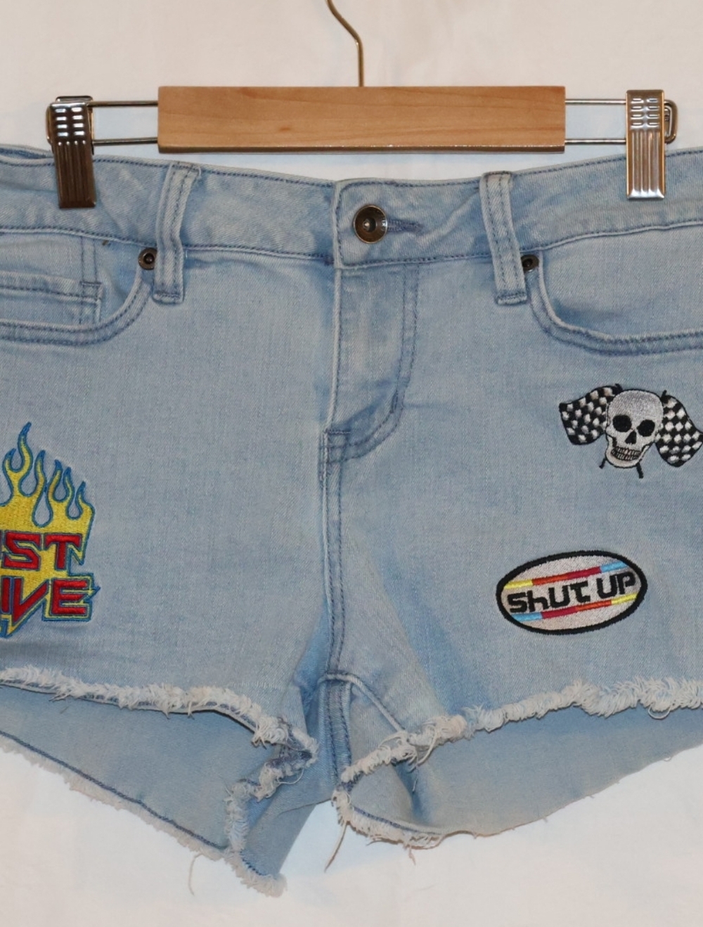 Blackheart Light Blue Distressed Drive Themed Denim Patch Shorts. - Picture 2 of 11